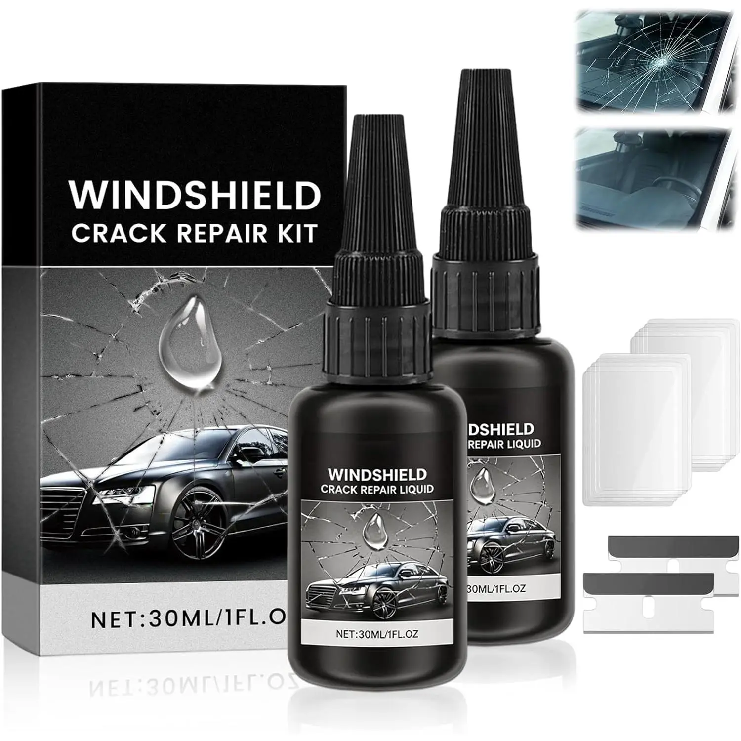 Windshield Crack Repair Kit, 2026 Advanced Formula with 30ml Liquid Blade & UV Curing Film, Quick Fix Windshield & Glass Repair Tools for All Crack Types, Universal Windshield Chip Repair Kit (2 Pcs)