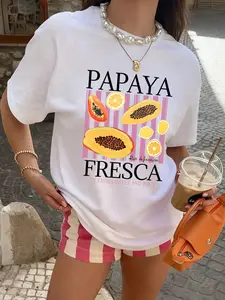 Women's Casual Loose Fit Papaya Pattern Round Neck T-Shirt, Soft Breathable Fabric, Perfect for Daily Wear and Commuting, Fashionable Comfortable Top