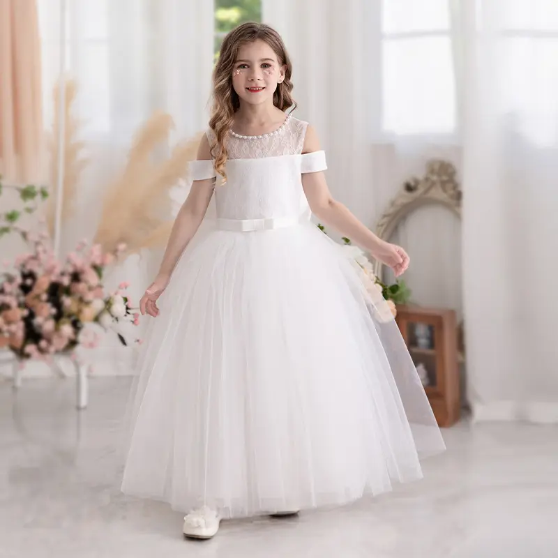 Kid Girls Dress Baptism Girls Off-the-Shoulder Elegant White Lace Tulle Princess Dress 23138