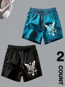 2-Pack Angel Print Quick-Dry Drawstring Shorts, Sporty Slim-Fit for Gym/outdoor/home, All-Season Comfortable Apparel