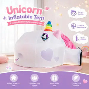 Dinosaur Unicorn Kids Inflatable Tent, foldable for easy storage, well-ventilated and with visible design for parents to watch over children. It is an indoor playhouse for kids and the perfect gift for children!