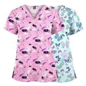 Scrubs Tops for Women Animal Print Stretchy Shirts V Neck Cartoon Pattern Short Sleeve Nursing Holiday Medical Uniform Workwear Clothes