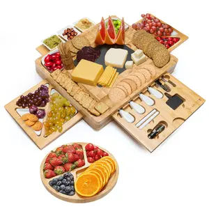Hardboo Bamboo (End -Grain) Charcuterie Board Set - 4 Drawer Bamboo Cheese Board and Knife Set with Fruit Tray, Ceramic Dipping Bowls, Cutting Tools, Wine Opener and More Beautiful Cheese Platter Accessories Backend Cutlery