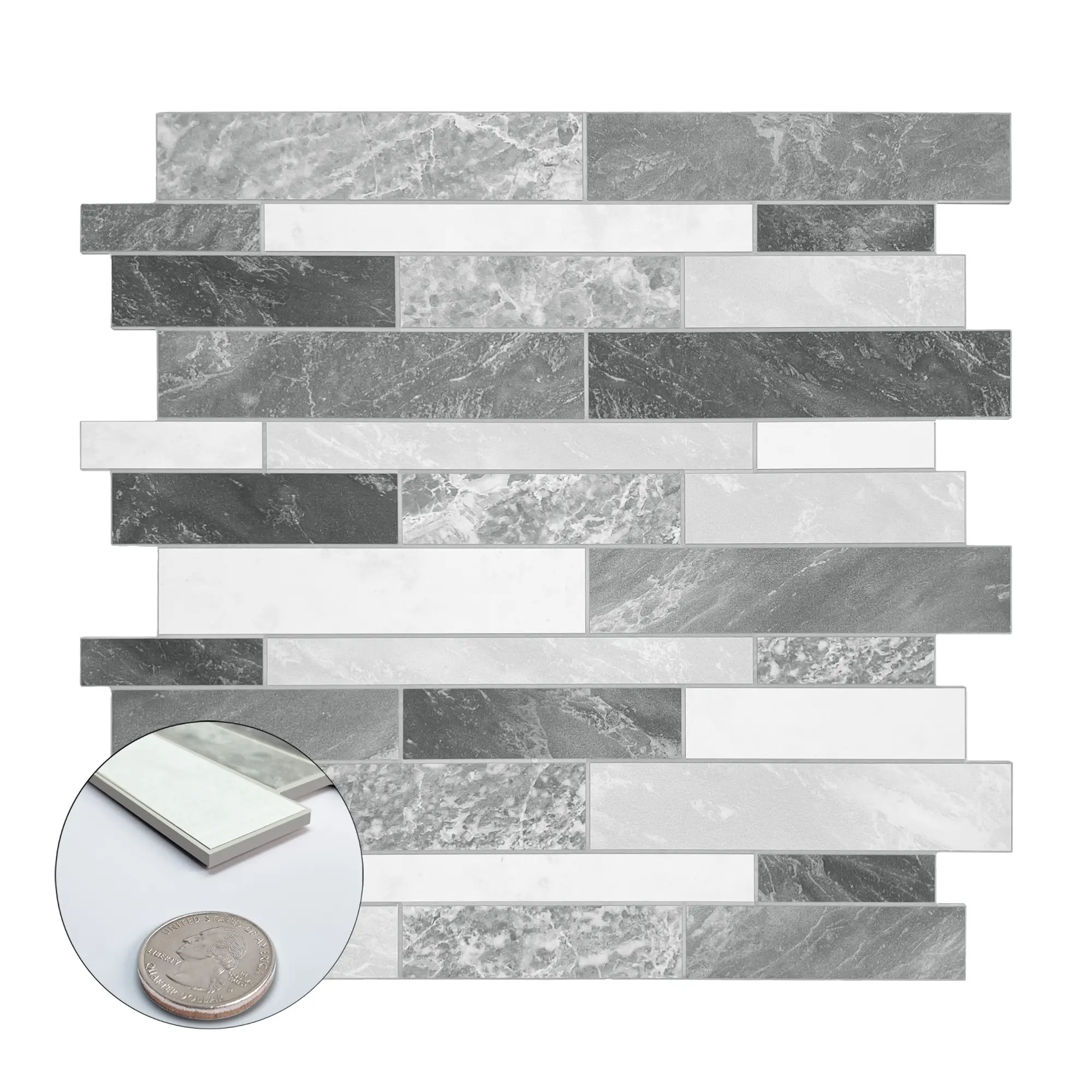 INNO STICKERS 10-Sheet Self-Adhesive Composite Stone Peel-and-Stick Backsplash Tiles, 11.1"x11.3" Grey-White Striped Design, Affordable Easy-Maintenance Option for Kitchen, Bathroom, Fireplace, Laundry