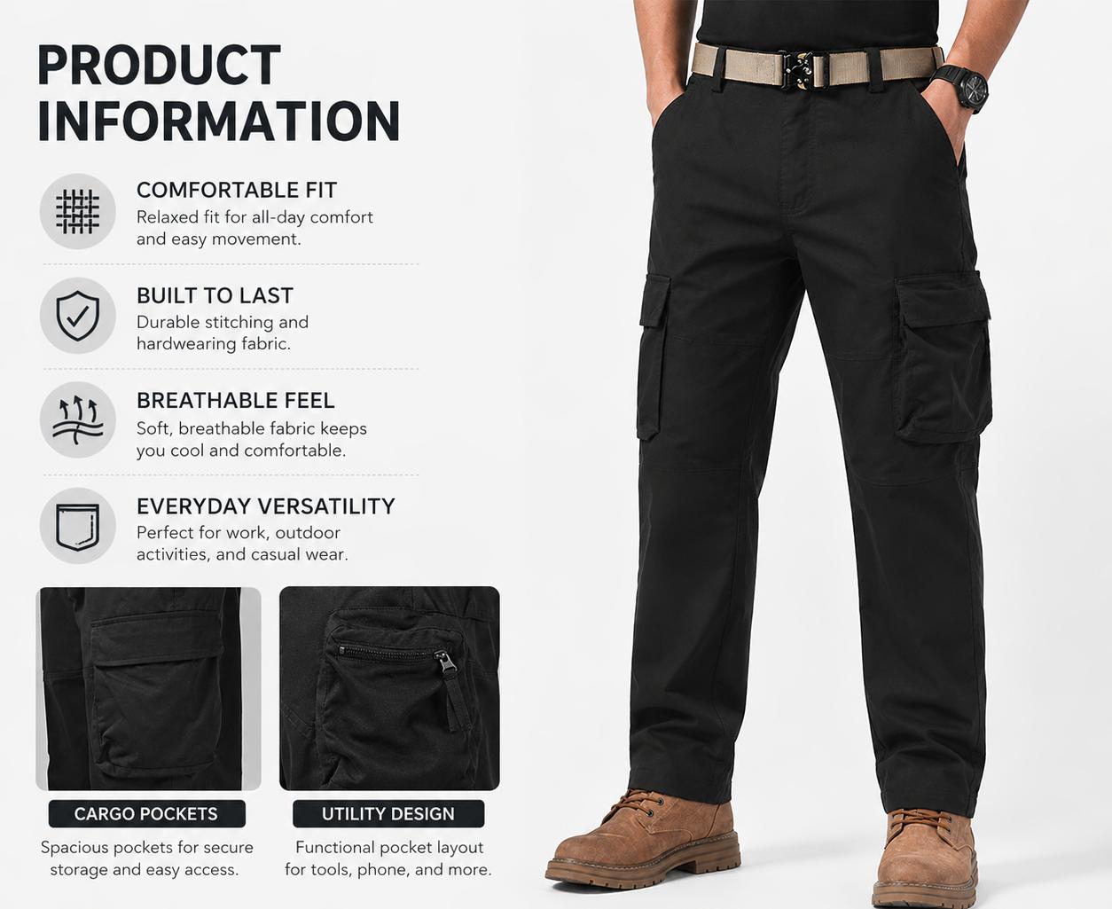 4Pac Men's Casual Cargo Work Pants, Multi-Pocket Straight Leg Utility Trousers, Outdoor & Daily Wear | 1/2/3/4-pacs
