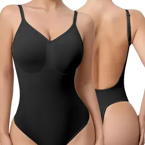 Mobeso Women's Black Seamless Backless Shapewear for Tummy Control Slimming Bodysuit Low Back Waist Shaper Minimalist Compression Basic ideas womenswear top woman V-Neck Shapewear Bodysuit Sleeveless Bodysuit adjustable Spaghetti Strap V-Neck Bodysuit