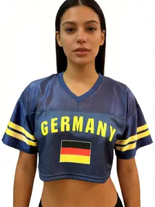 Women's Germany Cropped Football Jersey, Navy Blue V-Neck Mesh Crop Top, German National Team Soccer Fan Shirt for Game Day Streetwear