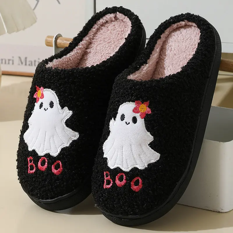 Halloween Slippers for Women Men, Cute Pumpkin Ghost Plush House Slippers, Cozy Fuzzy Warm Indoor Slippers, Funny Couple Slip On Home Shoes for Fall Winter