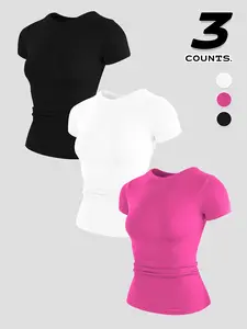 3pcs Women's Sporty Tight-Fit Short Sleeve Tops, Soft Seamless Yoga Gym Shirts, Comfortable for All Seasons, Fashion Fitness Clothing Set, Gym Clothes Workout