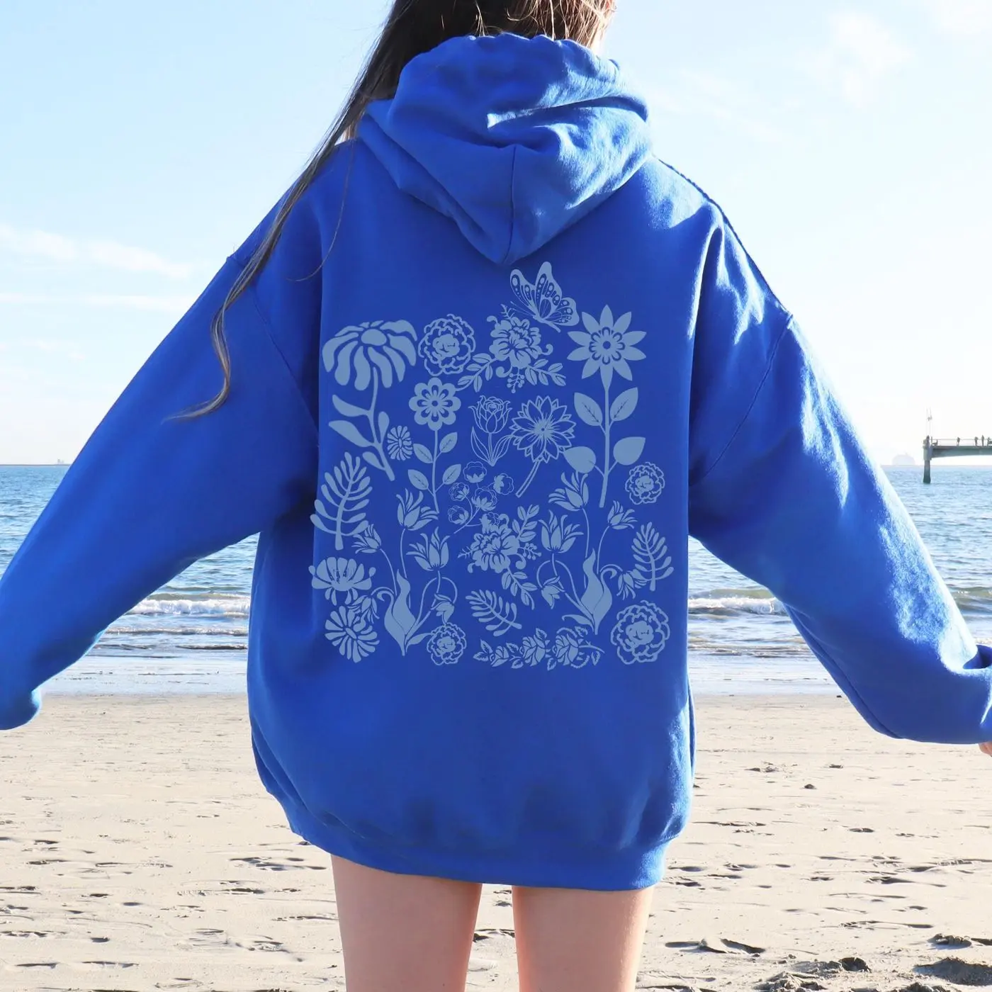Wildflower Hoodie, Cottagecore Blue Floral Sweatshirt, Granola Girl, Nature Hoodie, Butterfly Hoodie, Retro Floral Gift For Nature Lover