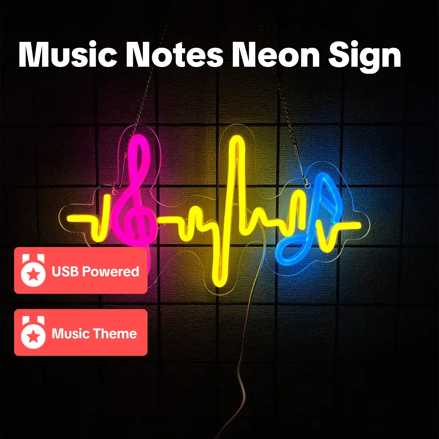CoolGift Mart Music Notes Neon Sign – Dimmable USB Wall Light For Bedroom, Living Room, Man Cave, Studio | Fun Musical Decor & Gift Idea