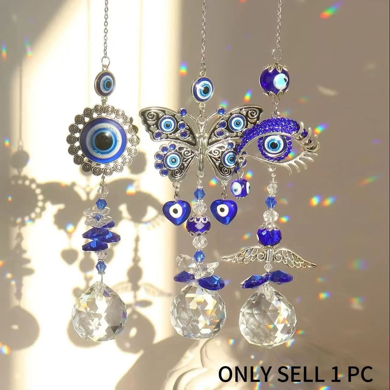 1 Pc Evil Eye Suncatcher with Crystal Prism Ball, Window Hanging Rainbow Maker, Blue Eye Pendant Ornament, Wall Hanging for Home, Garden, Room Decor, Decorative Hanging Piece, Craft Gift