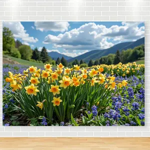 1pc Spring Garden Style Forest Path Sunshine Flower Design Backdrop - Vibrant Yellow Daffodils & Blue Hyacinths, Polyester Photography Background for Weddings, Birthdays, Parties - Indoor & Outdoo