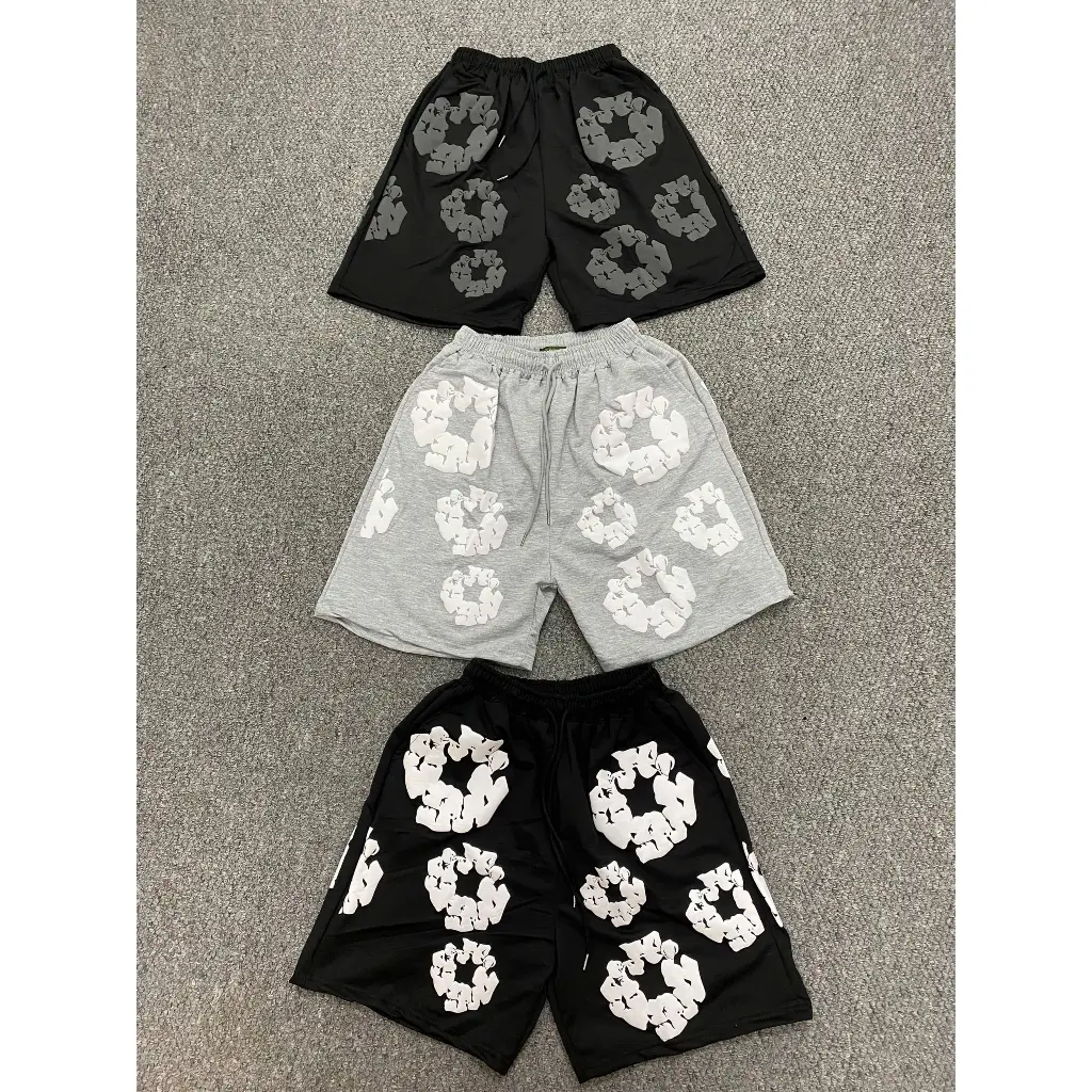 Denim Te Cotton Wreath Shorts – Breathable Puff Print Jean Shorts, Streetwear Shorts For Men, Cotton Flower Shorts Breathable Denim Te