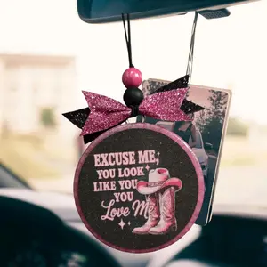 Car Freshie - Excuse Me You Look Like You Love Me Pink Glitter Bow Design Hanging Ornament for Cars