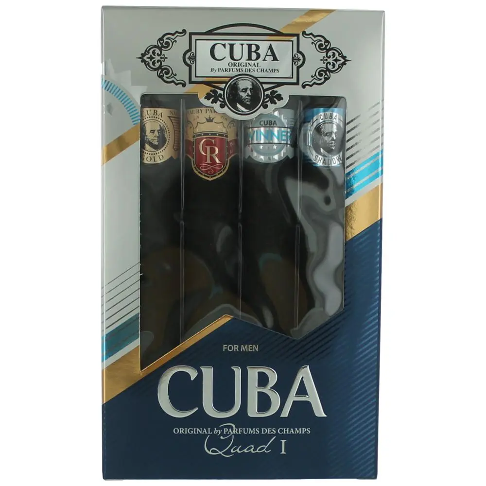 Cuba Quad I Men's 4-Pc Fragrance Gift Set - 1.17oz Cuba Gold, Royal, Winner, Shadow EDT Sprays, 4 Sprays Variety, Thoughtful Gift Ideas for Adults