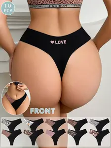 10-pack women's low-rise color-blocked V-shape sexy thong panties, Underwear, adorned with LOVE letters, lightweight and soft, suitable for everyday activities and casual sports in all four seasons.