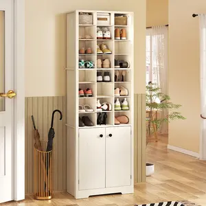 HOMMPA 72'' Beige Tall Shoe Cabinet, Freestanding Tall Shoe Rack with Bottom Cabinet, 8-Tier 24 Cubbies Wooden Shoe Storage Organizer with Adjustable Shelves for Entryway, 13" D x 24" W x 72" H