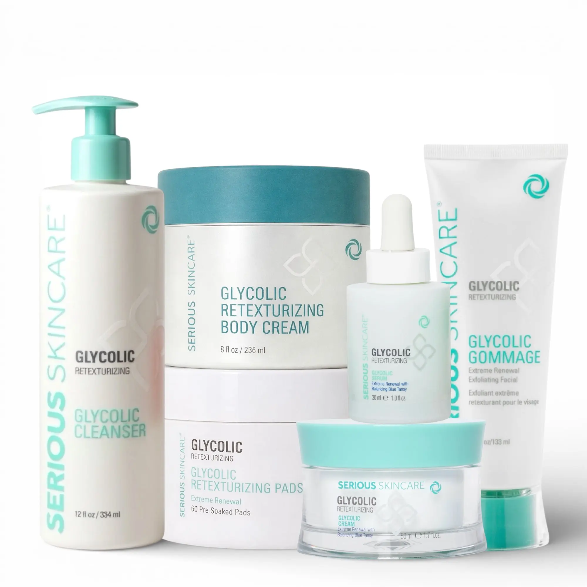 Serious Skincare Glycolic Refining & Pore-Perfecting System - 12oz Cleanser, 60 Pads, 1oz Serum, 1.7oz Cream, 4.5oz Gommage, 8oz Body