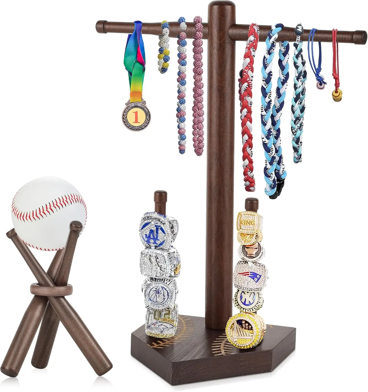 Baseball Ring & Drip Necklace Holder, Wooden Baseball or Softball Ring Display Holder with Baseball Stand, Baseball Accessories Decor, Men  for Baseball Players and Lovers