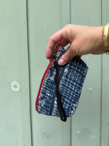 Harlow Moon in Blue Ikat with Black Leather Wristlet