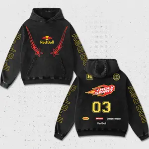 Retro Holy Spirit x Redbull Racing Hoodie Acid Washed Black, MotoGP World Championship Enthusiast, Motorcycle Off Road Dirt Bike Graphic Streetwear, Heavyweight Biker Sweatshirt, Retro Moto Gear Motorbike Apparel Men’s Aesthetic Y2K Racing Jacket Style