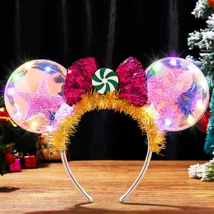 Light Up Christmas Mouse Ears Headband Glow Xmas Bow Hairband Led Snowflake Star Costume Hair Accessories for Women