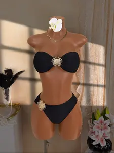 Women's Solid Color Bikini Two-Piece Set, Halter Top Swimsuit, Bandeau Bathing Suits, Bandeau Swim Top, Swimsuit Style Bikini, Elegant Fashion Swimwear with Sun Accessories