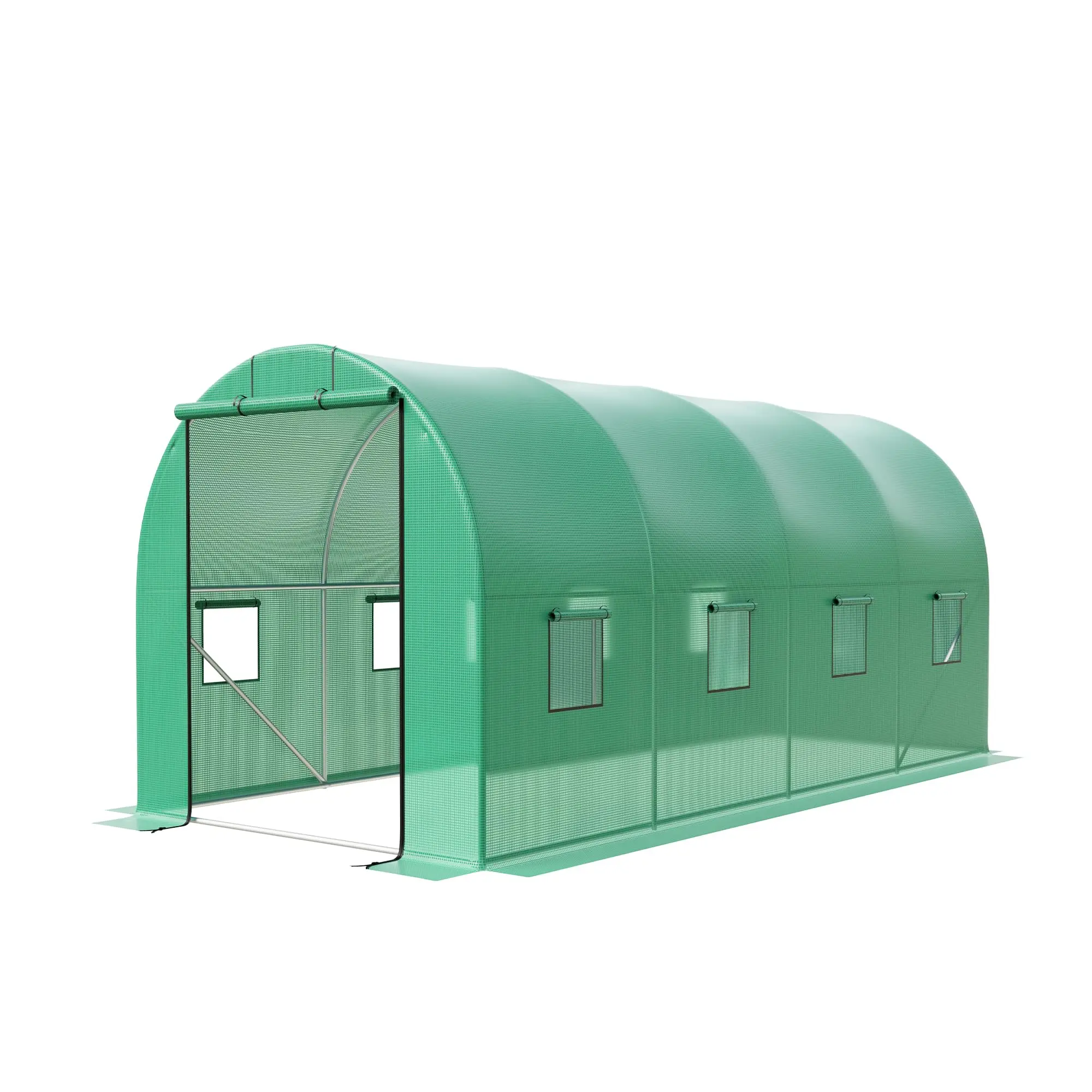 GARVEE 15x7x7 FT Heavy Duty Outdoor Greenhouse, Walk-In Plant House with Roll Door, 8 Mesh Windows, Reinforced Galvanized Steel Frame & Durable PE Cover for Backyard Planting, Green, Heavy Duty Greenhouse