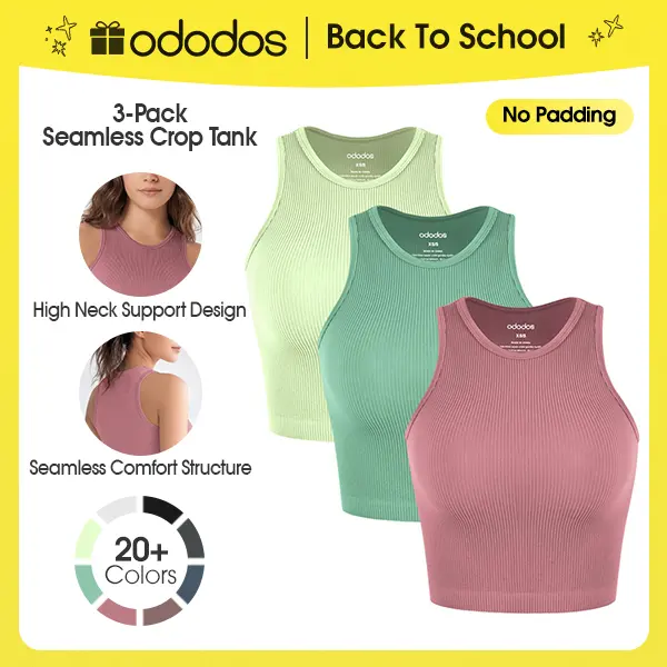 ODODOS 3-Pack Seamless Long Crop Tank (No Padding) for Women Ribbed Soft High Neck Cropped Tops,Long Cropped Length,Slim-fit Womenswear Nylon