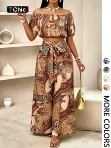 Women's Summer Paisley Print Vintage Vacation Two-Piece Set, Off-Shoulder Bubble Sleeve Crop Top + High Waist Drawstring Wide Leg Pants