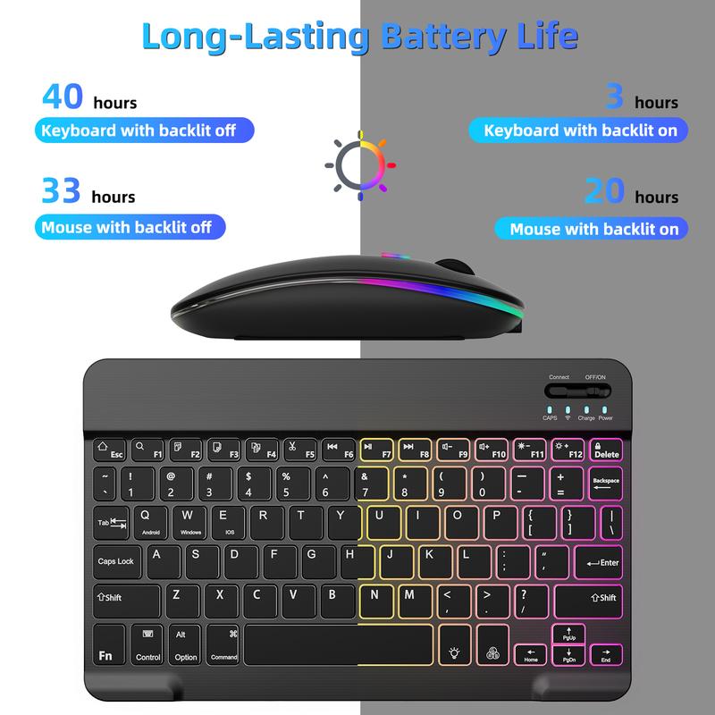 Compact & Portable Multicolor Keyboard & Mouse Set, Slim Wireless Bluetooth Keyboard, Ideal for iPad, Tablet, Laptop | Office & Home Use