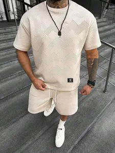 Men's Solid Color Textured Letter Patched Round Neck Tee & Drawstring Waist Shorts Two-Piece Set, Regular Fit Casual Fashion Short Sleeve T-shirt & Pocket Track Shorts, Men's Summer Clothes for Daily Wear