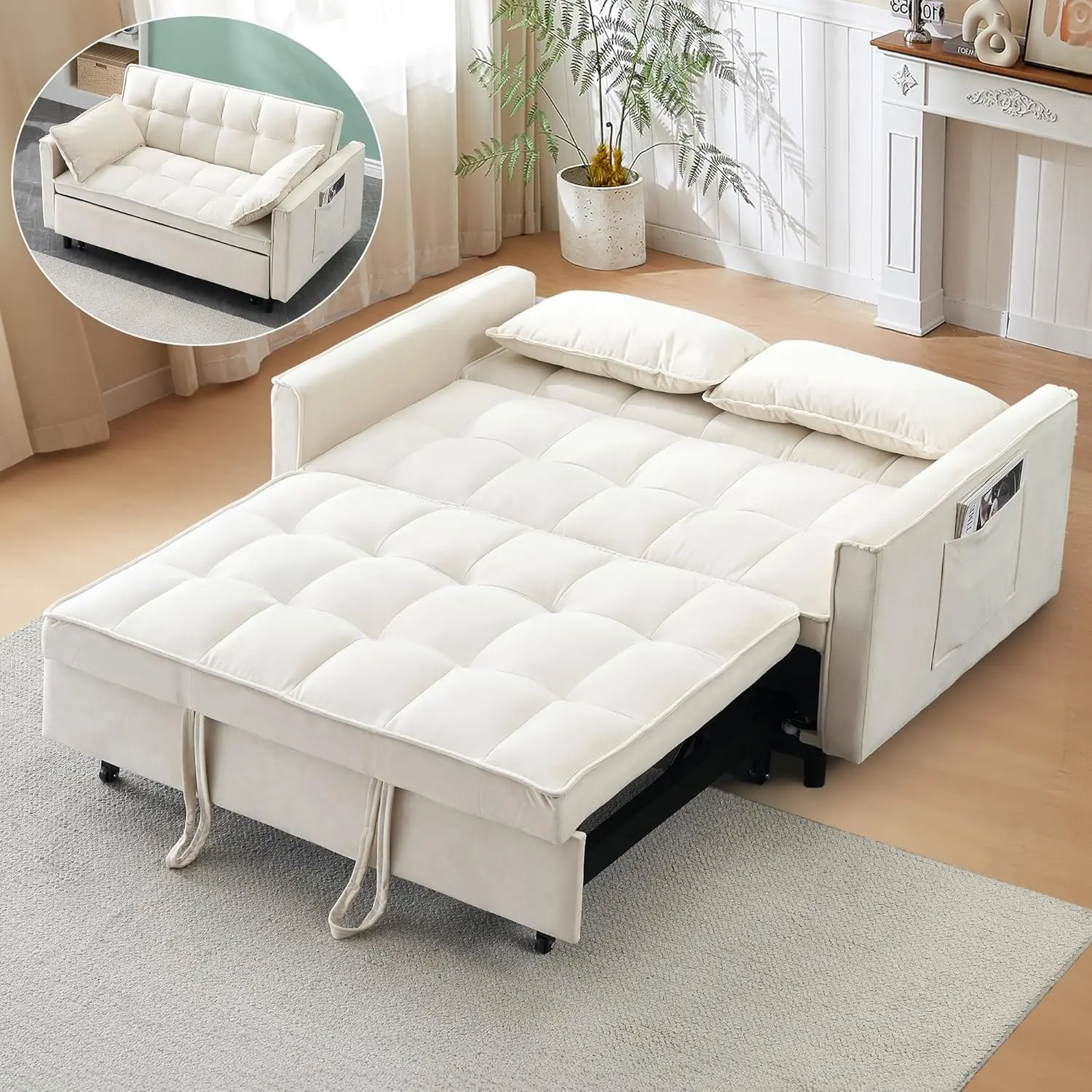 3 in 1 Convertible Sleeper Sofa Bed, Modern Velvet Loveseat Pull-Out Couch, Futon Love Seat Lounge Sofa with Pull-Out Bed & Adjustable Backrest and Side Pocket for Small Apartment, Bedroom