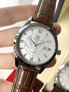 Men's Business Casual Watch, Round Dial, Roman Numeral, Analog Quartz, Diamond Bezel, Leather Strap, 50m Waterproof