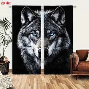 2D Flat Wolf Portrait Black Background Curtain 2 - Piece Set, Stylized Close - up Wolf with Blue Eyes and Textured Fur, Dramatic High - Contrast Curtains for Bedroom Living Room Decor