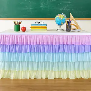 6ft x 30in Ruffle Teacher Desk Skirt 100D Chiffon Fabric Table Skirt for Classroom Back to School Desk Curtain Teacher Table Decoration Pastel Rainbow