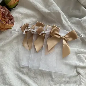 25 Piece Set Ivory Bow Silk Gift Bags, Wedding Favor Bags, Party Birthday Baptism Jewelry Packaging, Bulk Tie Bags, 10x15 Cm