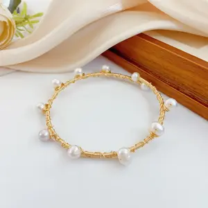 Handmade Gold Plated Wire-Wrapped Freshwater Pearl Cuff Bangle | Boho Statement Bracelet for Women