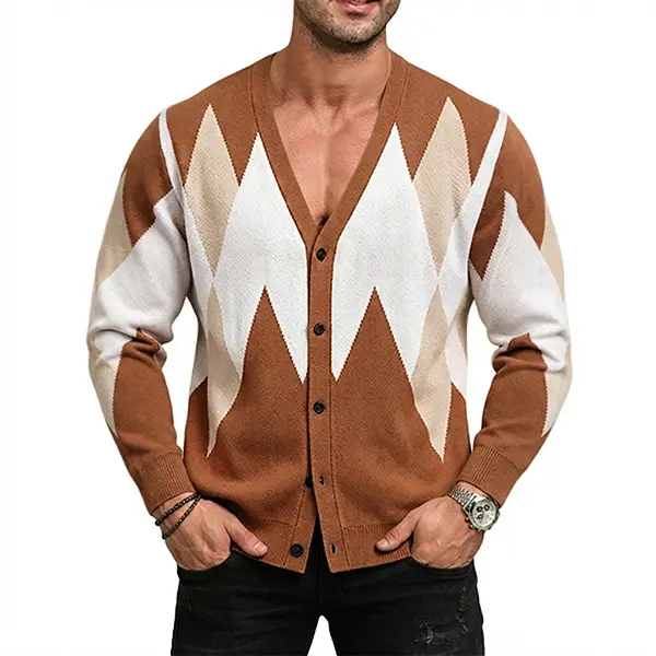 Men's Argyle V-Neck Cardigan Sweater, Classic Geometric Knitwear, Stylish Button-Down Long Sleeve Jacket, Comfortable Casual Fall Outerwear