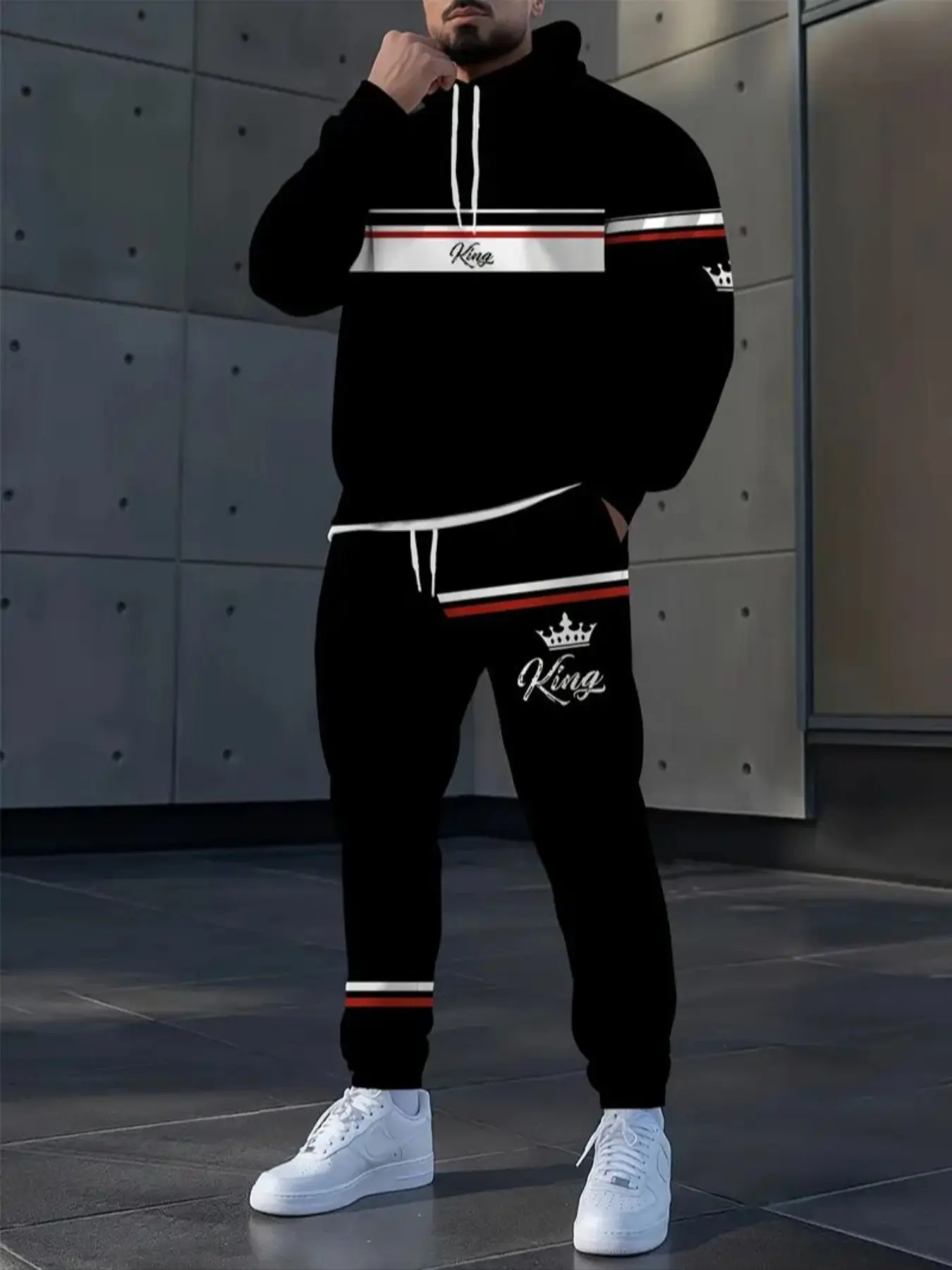 Men's & Striped Patchwork Digital Print Hoodie Set, King Letter Design, 3D Print, Long Sleeve, Casual Drawstring Pants