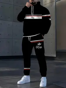 Men's & Striped Patchwork Digital Print Hoodie Set, King Letter Design, 3D Print, Long Sleeve, Casual Drawstring Pants