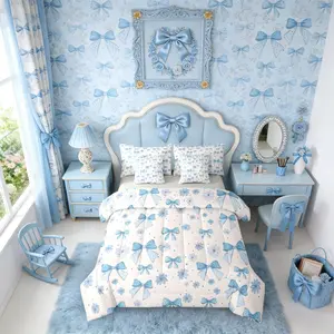 Blue Bow Bedding Set,Girls,7 Pcs Coquette Bows Comforter Bed Set,Kids Women,Trendy Bowknot Princess Bed Bag with Sheets,Modern Aesthetic Girly Cute Bed Set
