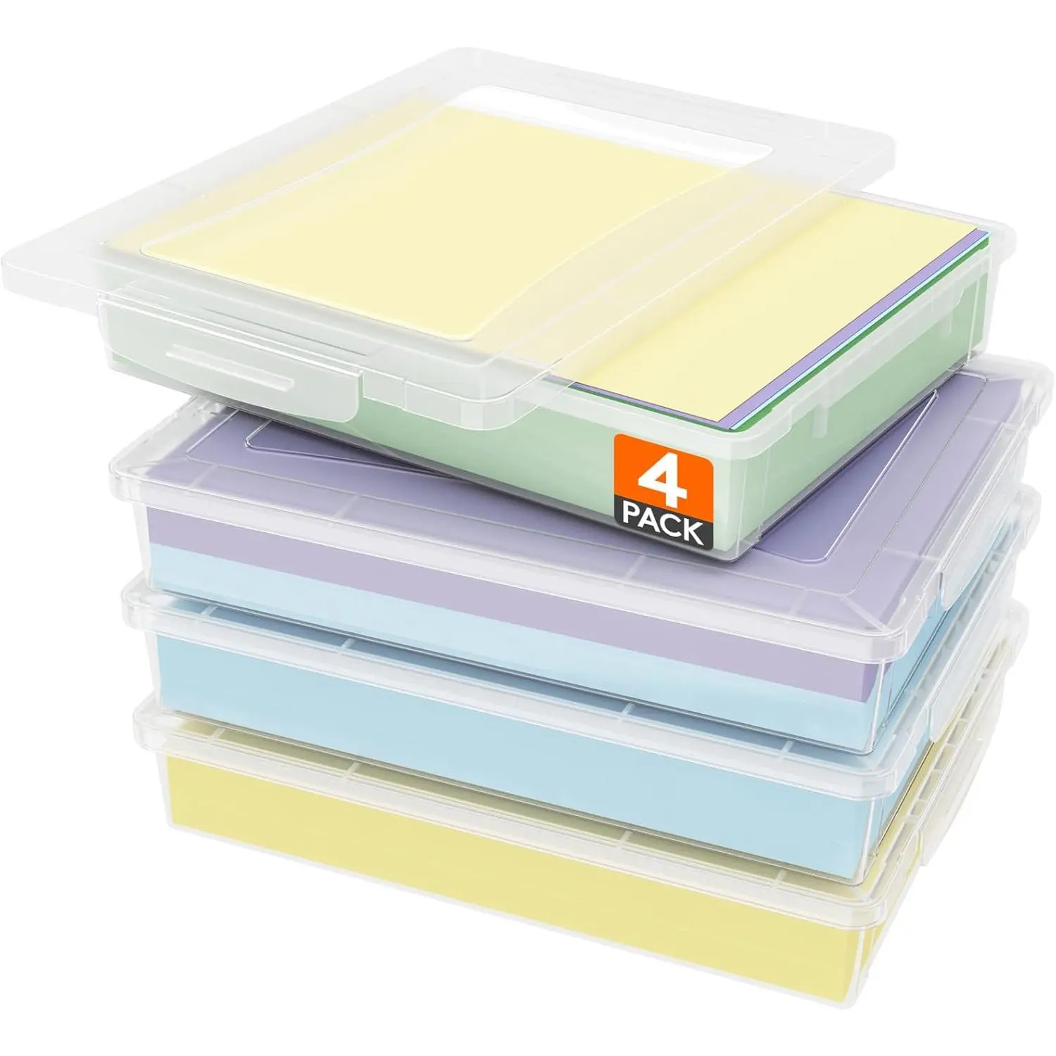 4 Pack Plastic Multi-Purpose Storage Box with Latching Lids, Clear A4, 8.5" x 11" Letter Size Paper Storage, Storage Containers for Board Game, Craft, Document, Magazine, Art Supplies