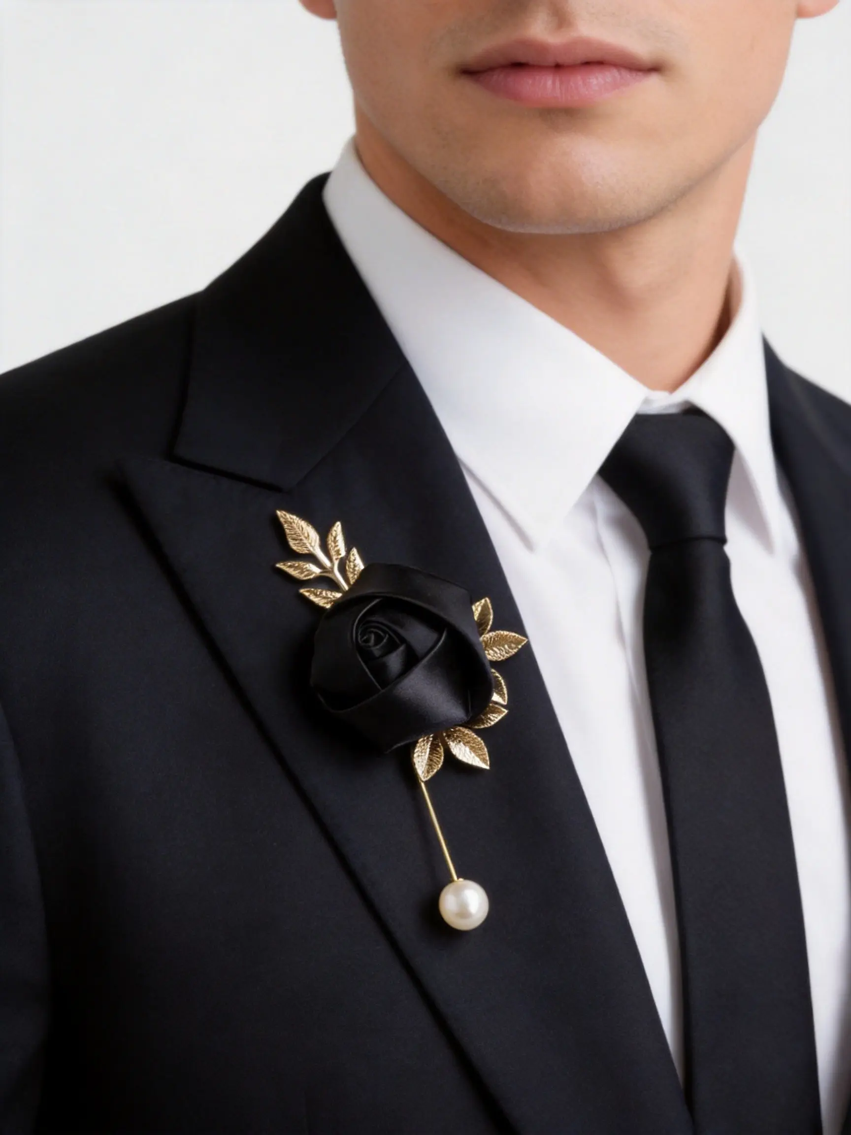 Rose Brooch Pin with Gold Foil Leaves, Satin Flower Lapel  display picture 1