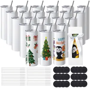 VEVOR 8 Pack 30 Oz Sublimation Tumblers, Skinny Straight Stainless Steel Blanks Cups, Stainless Steel Double Wall Tumbler for Heat Transfer Customized Gifts with Lid and Straw, Gift Box