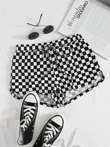 1 Piece Elastic Adjustable Drawstring Checkerboard Casual Shorts, Daily Loose Loungewear