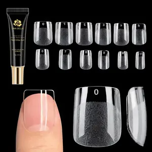 Extra Short Square Nail Tips with Glue Gel Kit 120pcs Full Cover Acrylic Short Square False Nails Tips with Solid Soak Off Glue Super Strong Nail Glue Gel Set for DIY Salon 12 Sizes