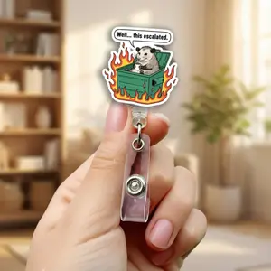 Funny Possum Dumpster Fire Badge Reel, Well This Escalated ID Holder, Cute Work Humor Retractable Badge Gift