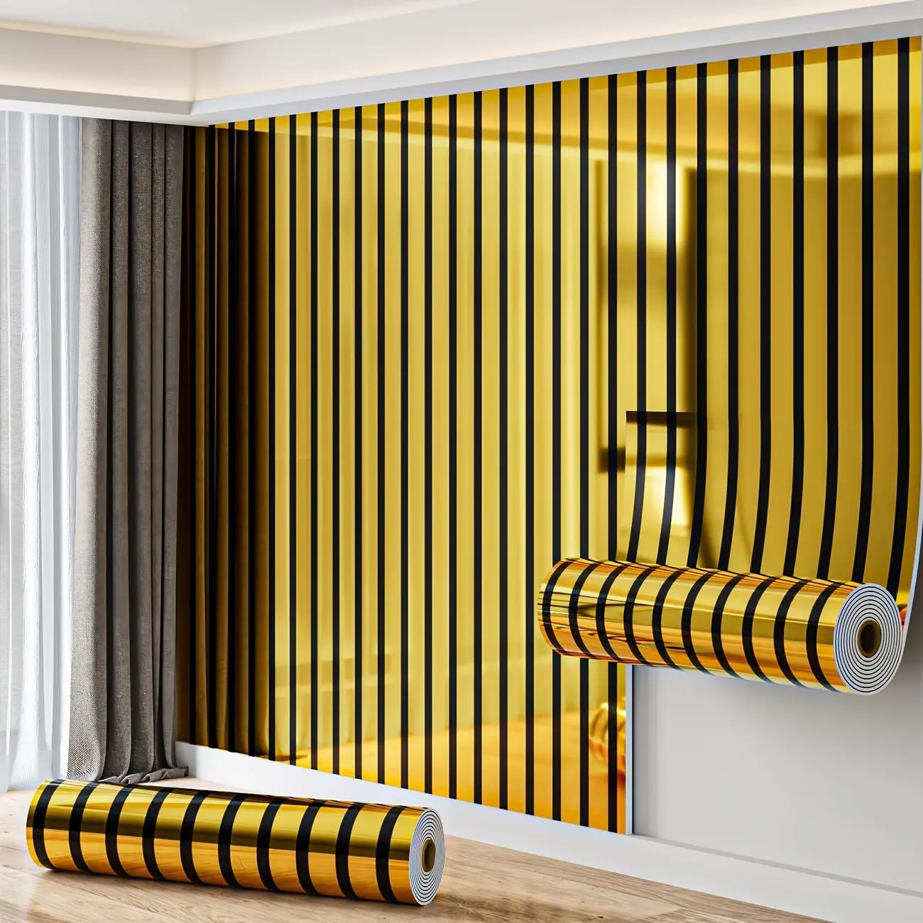 118.1" x 15.74" Self-Adhesive, Decorative Wallpaper, Gold and Silver Foil, Reflective Texture, Peel and Stick, Vinyl Material to Install, Removable, Suitable for Living Room, Bedroom, Entryway Home Decor